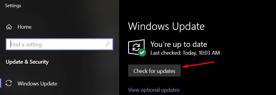 Кнопка «Проверить наличие обновлений» в Центре обновления Windows