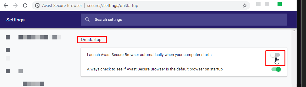 Отключение автоматического запуска Avast Secure Browser
