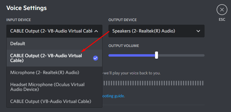 Discord Выбор устройства ввода виртуального кабеля VB Audio