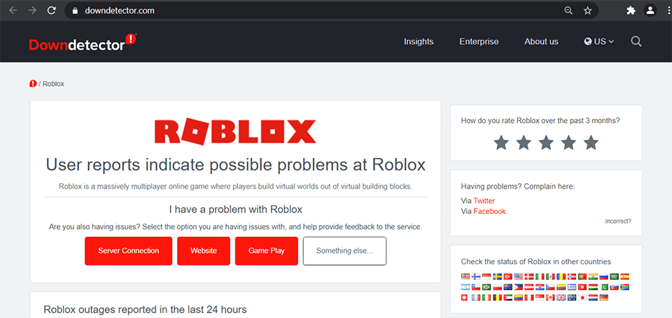 Страница статуса сервера Downdetector Roblox