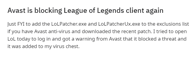 Тема Reddit, блокирующая League of Legends от Avast