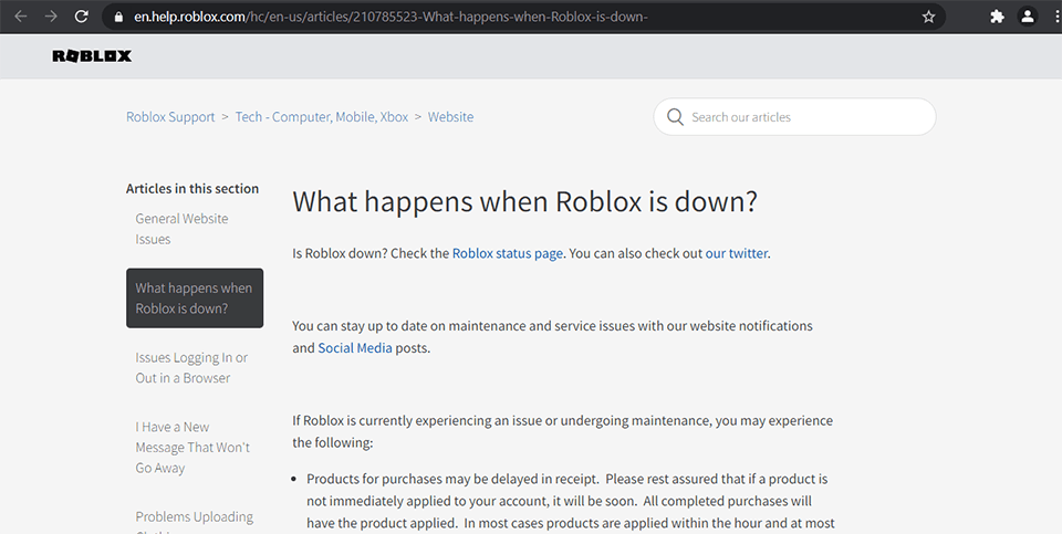 Официальная страница помощи Roblox