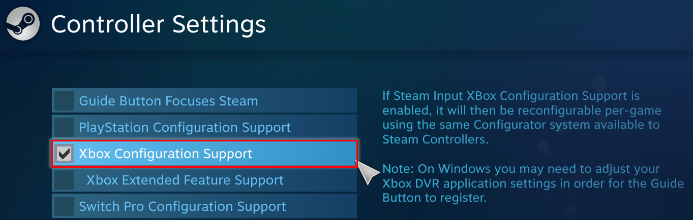 Поддержка конфигурации Steam Xbox