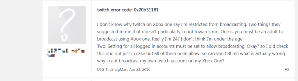 Код ошибки Twitch 0x20b31181 в жалобе Xbox