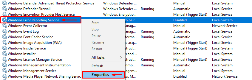 Свойства службы отчетов об ошибках Windows