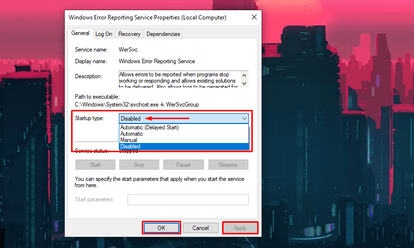 Тип запуска службы отчетов об ошибках Windows