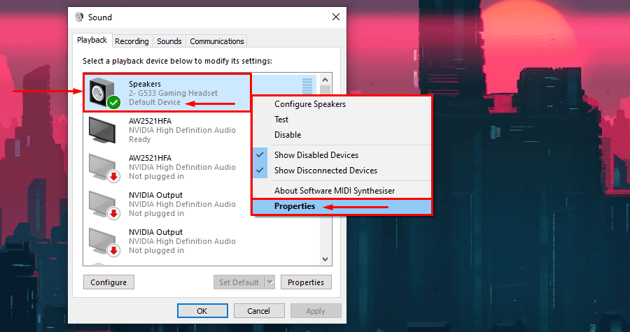 Раздел воспроизведения звука Windows