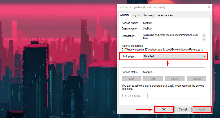 Тип запуска Windows Отключено