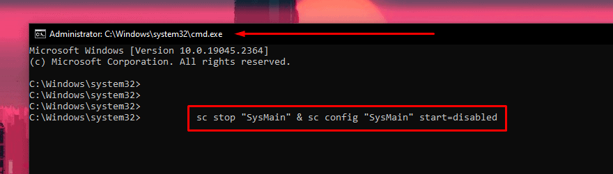 Командная строка Windows SysMain