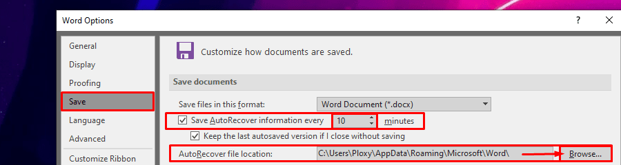 Автовосстановление при сохранении Windows Word