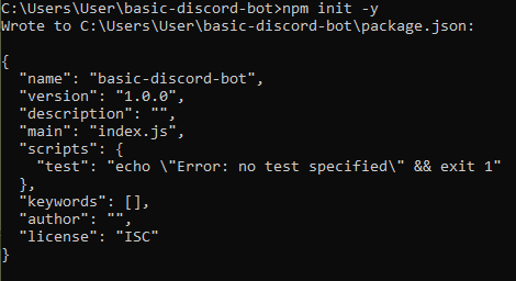 файл пакета json для проекта бота Discord