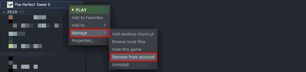 Щелкните правой кнопкой мыши игру Steam, чтобы удалить ее, выберите «Управление», затем «Удалить из учетной записи».