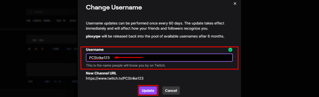 установка уникального имени пользователя Twitch